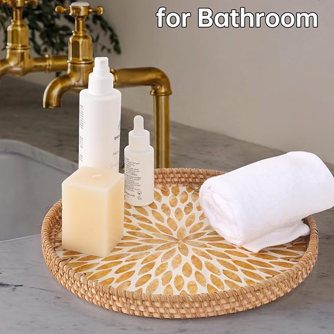 Round Rattan Tray with Mother of Pearl Inlay, Rattan Serving Tray for Coffee, Bread, Fruits, Decorative Wicker Tray for Table Decor, Home Decor, Kitchen Island Decor (Amber Leaf, 11.8")