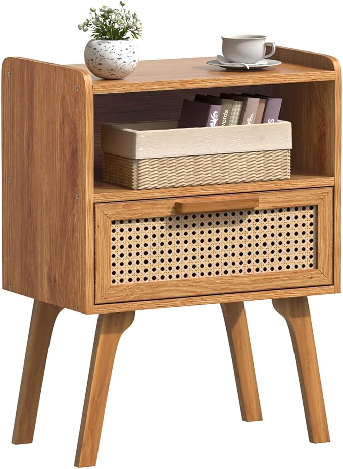 Lerliuo Rattan Nightstand, Side Table with Drawer Open Shelf, Cane Accent Bedside End Table with Solid Wood Legs, Mid Century Modern Night Stand for Bedroom, Dorm and Small Spaces (Tea Brown)