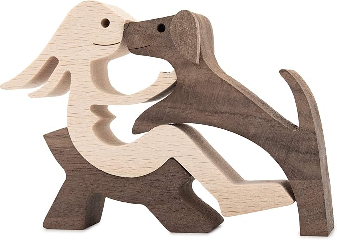 ISHINE Handmade Wooden Statue, Sitting Woman and Dog, Wood Decor Accents Craft Figurine for Bedroom Home Office Shelf Decor Gift Natural ECO Friendly