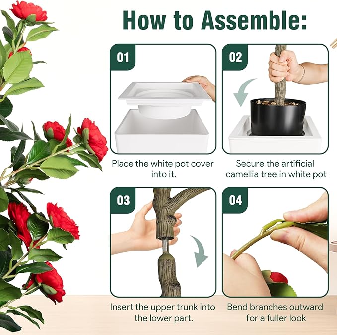 Artificial Camellia Tree 5FT, Red Flower Tree in White Pot, Faux Outdoor Indoor Plant, Potted Artificial Flower for Home Office Housewarming Porch Decor (61'' Height)