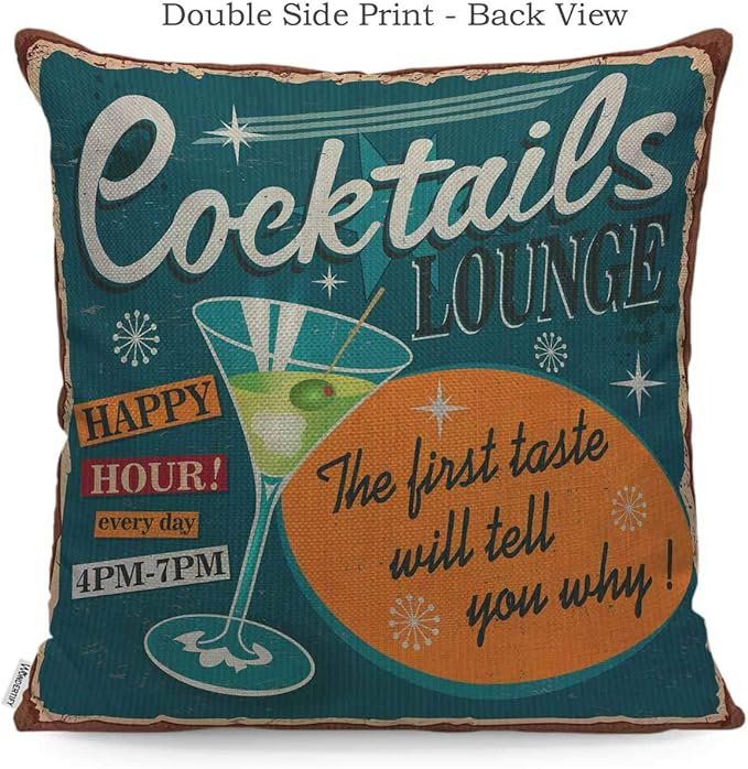 WONDERTIFY Throw Pillow Case Cover 1950S Vintage Cocktails Metal Sign - Soft Linen Pillow Case for Decorative Bedroom/Livingroom/Sofa/Farm House - Cushion Covers Couch Pillow 18x18 Inch 45x45 cm