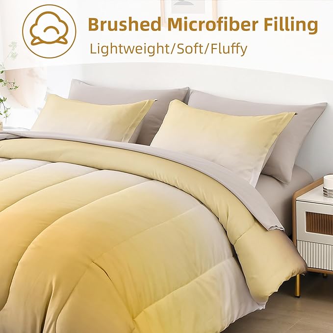 Anibedding 7 Pieces Gradient Yellow Comforter Set - Lightweight Grey and Yellow Ombre Bed in a Bag Set, All Season Down Alternative Light Grey Abstract Bedding Set for Teen Boys Girls Women (90" x90")