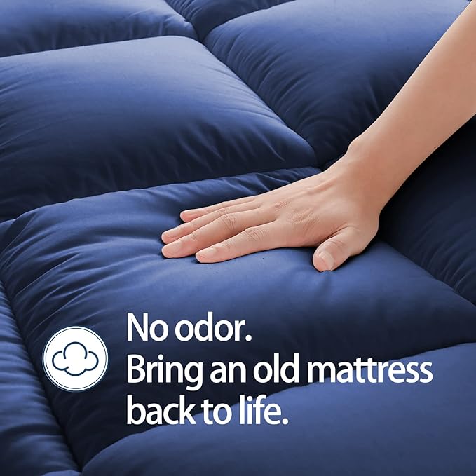Mattress Topper Full for Back Pain, Extra Thick Mattress Pad Cover, Plush Pillow Top, Deep Elastic Pocket, Navy