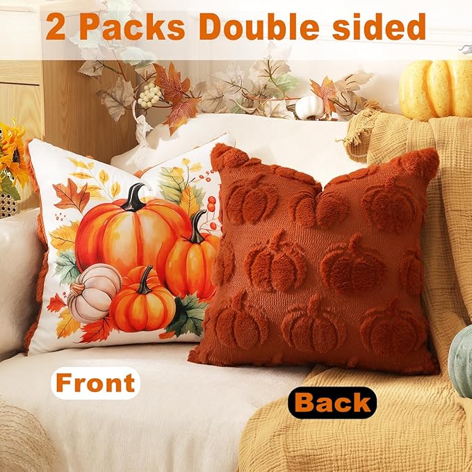TOYPOPOR Fall Decorations, 2 Packs Double Sided Throw Pillow Covers, Rust Red Soft Faux Fur Pumpkin Pillow Cases Autumn Harvest Thanksgiving Indoor Outdoor Home Decor for Living Room Porch Couch 20x20