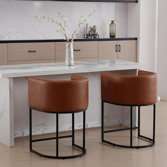 Modern Counter Height PU Leather Upholstered Bar Stools Set of 2, 24" Kitchen Counter Island Stools Bar Chairs with Black Metal Frame, Brown