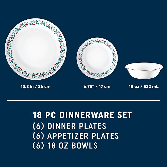 Corelle Vitrelle 18-Piece Christmas Service for 6 Dinnerware Set, Triple Layer Glass and Chip Resistant, Lightweight Round Holiday Plates and Bowls Set, Winter Berries
