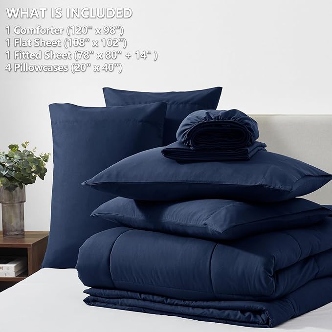 CozyLux Oversized King Comforter Sets Navy Blue, 7 Pieces Bed in a Bag, Ultra-Soft All Season Bedding Sets with Stitch Quilted Comforter, Flat Sheet, Fitted Sheet, Pillowcases, Navy Blue