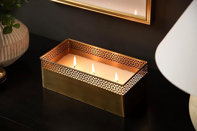 Kate and Laurel Pearce Rectangle Unscented Candle, 11 x 6 x 4, Antique Brass, Large Three-Wick Candle with Decorative Metal Vessel for Living Room Decor