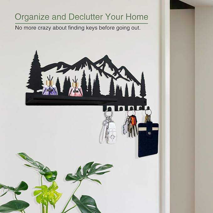 Key Holder for Wall | Metal Key Holder Hooks Organizer Rack | Metal Key Organizer Wall Decorative with 5 Hooks for Entryway, Front Door, Hallway, Kitchen, Office (12 Inches, 2 in 1)