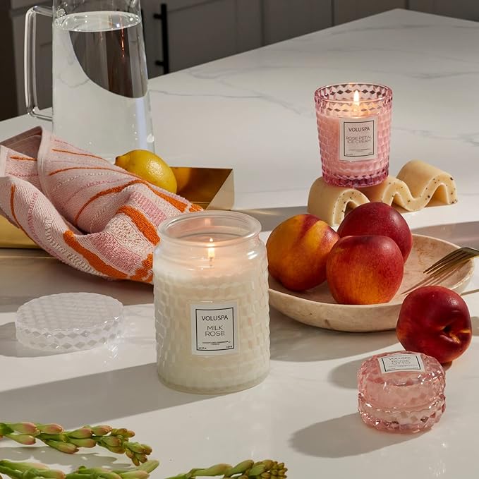 Voluspa Milk Rose, Large Candle Jar, 18 Ounce, 100 Hour Burn Time, Coconut Wax for Clean Burning, Handcrafted in The USA