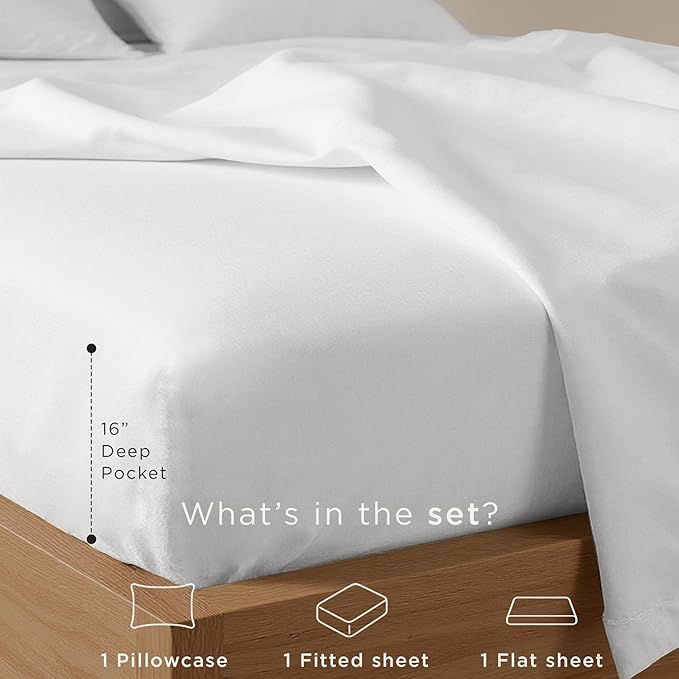 Threadmill Cotton Twin XL Sheet Set | 100% Cotton Sheets for Twin XL Size Bed | Solid Sateen Bed Sheets Set with 16” Deep Pocket | Soft Breathable 3-Piece Cooling Sheet Set | White