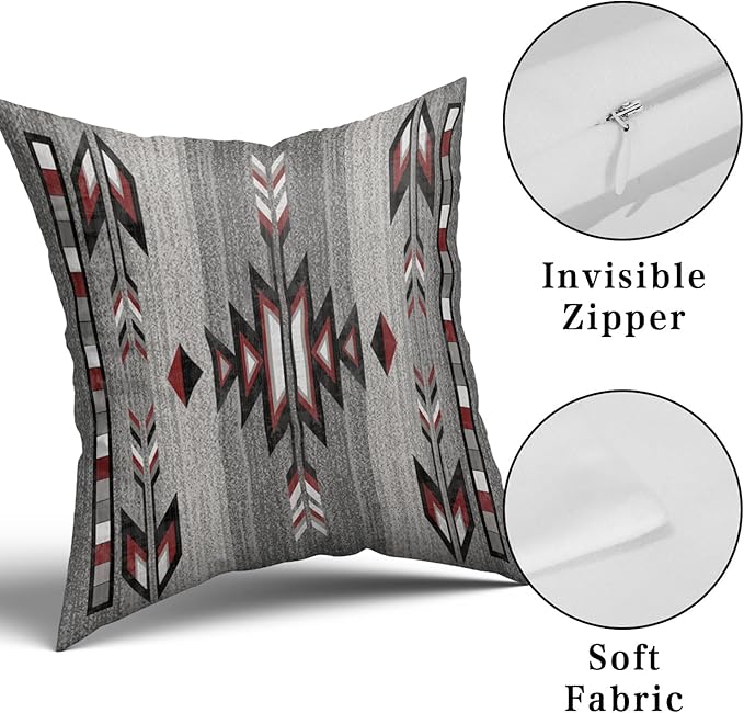 Giwawa Southwestern Throw Pillow Covers, Red Gray Black Native American Pillow Cases Set of 2, Ethnic Tribal Geometric Square Cotton Cushion Covers for Sofa Porch Bedding Patio Decor, 20x20 Inch