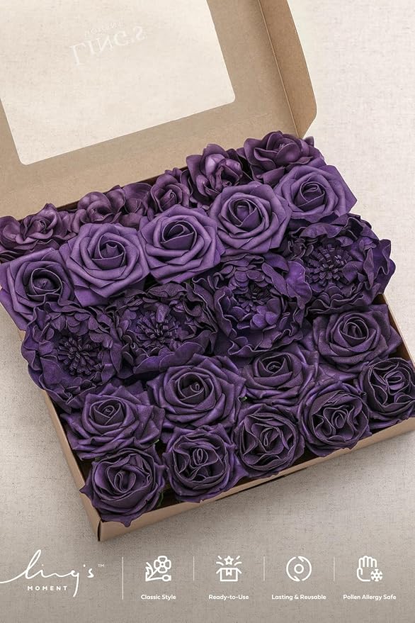 Ling's Moment Artificial Flowers Fake Roses Faux Peony Foam Gardenia Combo for DIY Wedding Bouquets Centerpieces Arrangements Bridal Shower Party Home Decorations, Purple, 23pcs
