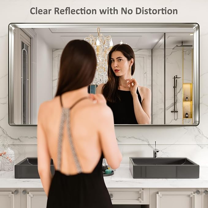 LOAAO 72X36 Inch Brushed Nickel Bathroom Mirror, Rounded Rectangle Silver Metal Frame Mirror, Brushed Nickel, Anti-Rust, Shatter Proof, Hangs Horizontally or Vertically
