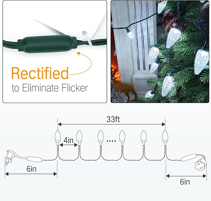 Brizled C9 Christmas Lights Cool White 16FT 25 LED 120V UL Certified Faceted Outdoor Christmas String Lights Connectable Xmas Tree Light for Tree, Holiday, House, Roof Decor
