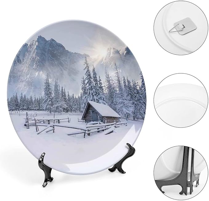 6 Inch Decorative Plate, Winter Porcelain Plate, Old Farm House by Mountain in Cold Times Rural Nature Print Ceramic Wall Hanging for Fine Dining For Upscale Events, Dinner Parties, Weddings, Catering