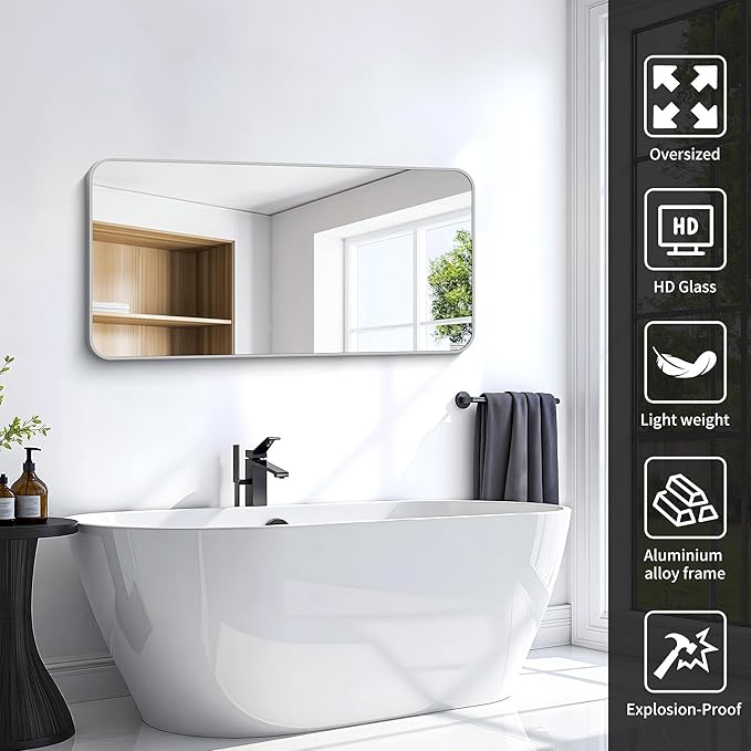 48x24 Inch Silver Bathroom Mirror, Metal Framed Silver Rectangle Mirror, Rounded Rectangular Vanity Mirror, Wall Mounted Mirrors for Living Room Bedroom Entryway Hangs Horizontal or Vertical