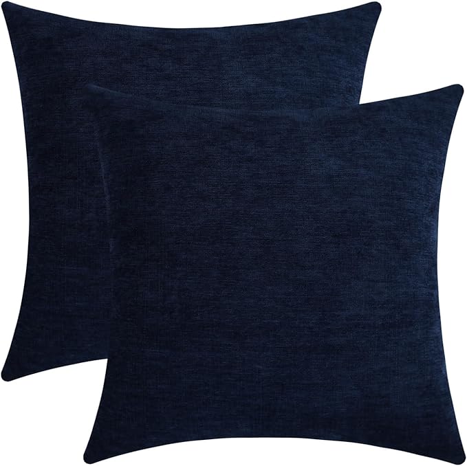 Dark Blue Chenille Decorative Couch Throw Pillow Covers, Soft Cushion Cases for Home Livingroom Sofa Décor, Pack of 2, 20 x 20 Inches
