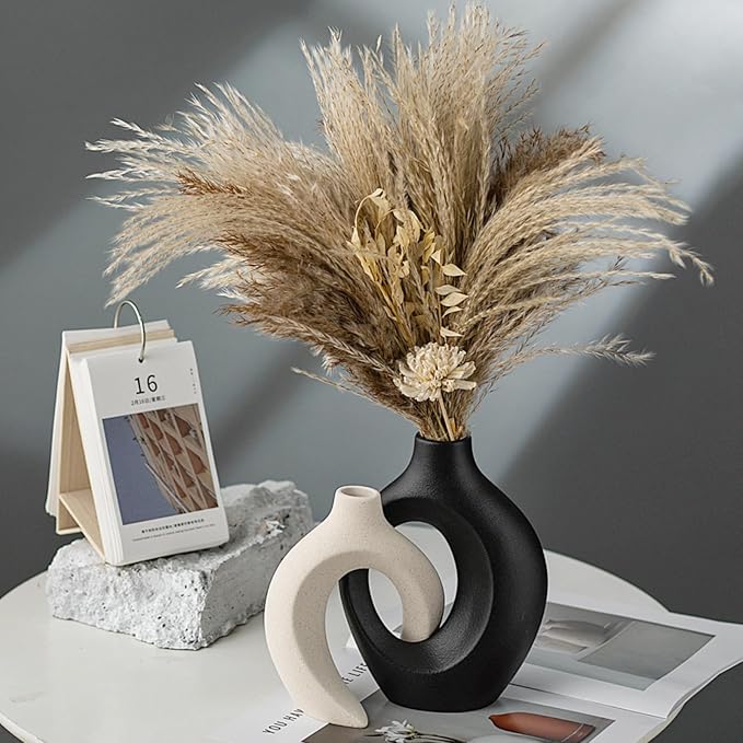 Black and Off-White Vases for Decor, Hollow Ceramic Vase Set of 2, Nordic Minimalist Aesthetic Snuggle Vases, for Table Centerpiece Dining Living Room Book Shelf Decoration (W 6.3" X H 8.4")