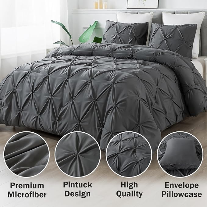 Andency Gray Pinch Pleat Comforter Twin(66x90Inch), 2 Pieces Grey Pintuck Bed, Microfiber Down Alternative Bedding Set with 1 Pillowcase