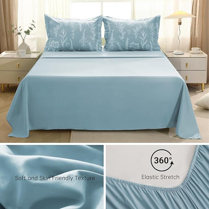 MUXHOMO Mineral Blue Cal King Comforter Set, Elegant Floral Print Bed in a Bag 7 Pieces, Ultra Soft & Breathable Reversible Botanical Pattern Bedding Set with Comforter, Sheets, Pillowcases, and Shams