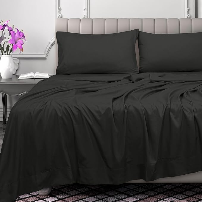 Royale Linens 300 Thread Count 100% Long Staple Combed Cotton Flat Sheet - Super Soft - Top Sheets - Full Flat Sheet Sold Separately - Breathable, Cool & Crisp Percale Sheets Only (Twin XL, Black)