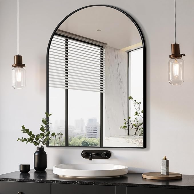 Delma Arched Bathroom Mirror, 26"x38" Wall Mounted Vanity Mirror for Bedroom, Living Room and Entryway, Black