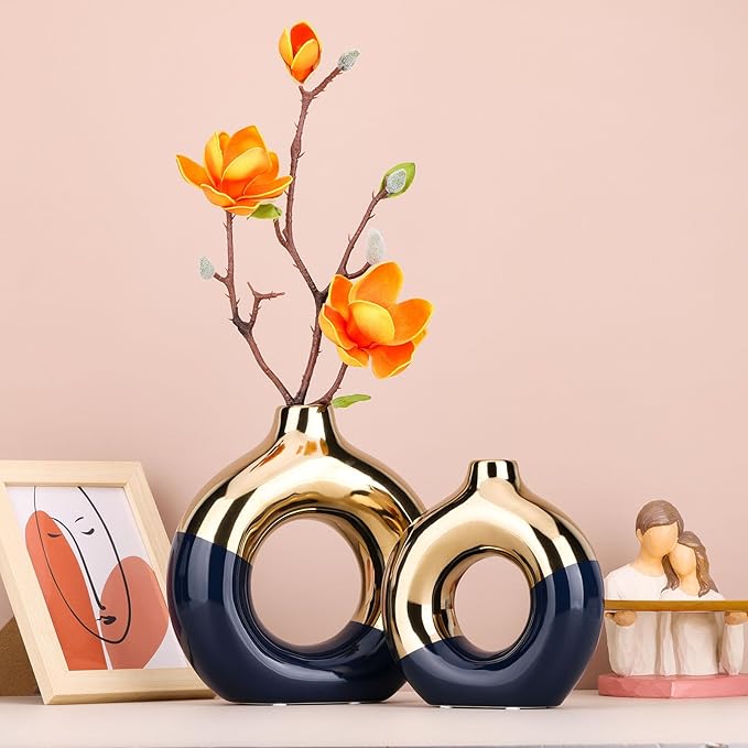 Navy Blue and Gold Ceramic Vase Set of 2,Round Donut Hollow Flower Vases for Home Decor Accents,Modern Minimalist Centerpiece Table Decorations,Wedding,Living Room,Bookshelf,Office,Entryway