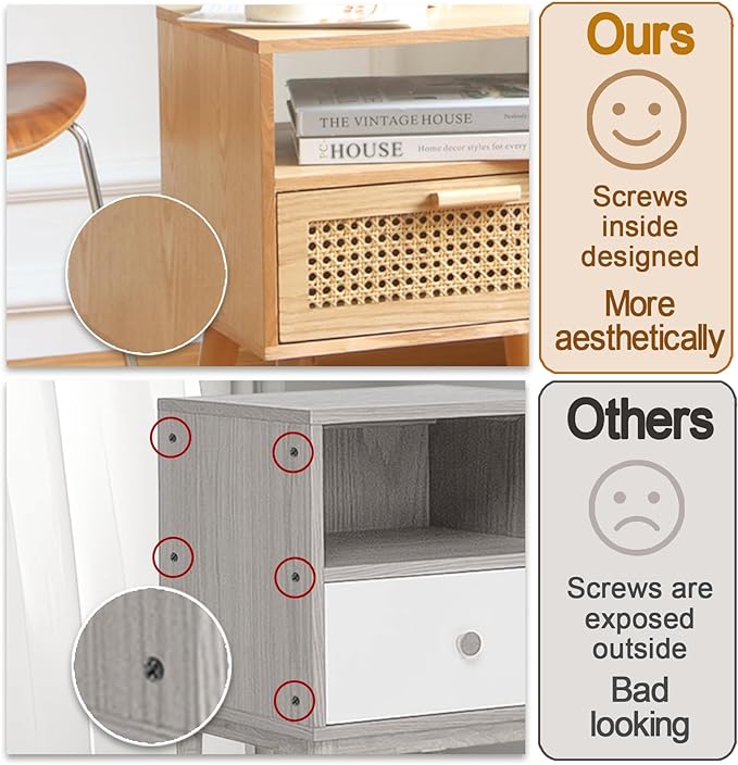 MaxSmeo Modern Nightstand Rattan Side End Table with Storage, for Living Room, Bedroom and Small Spaces, Accent Bedside Farmhouse Tables with Solid Wood Legs, Easy Assembly (Natural Walnut)