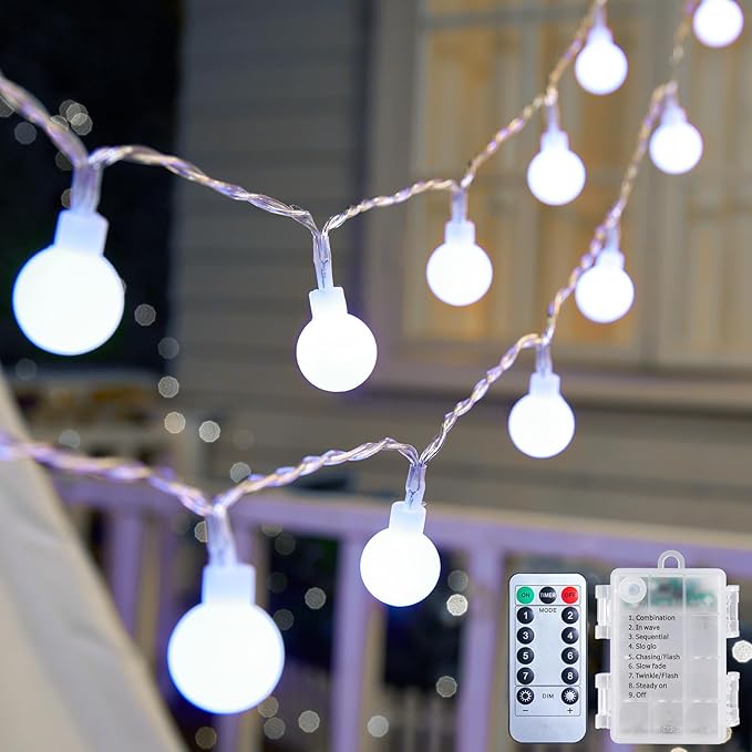 Globe String Lights Battery Operated - 21 Feet 60 Led Twinkle Fairy Lights, 8 Modes with Remote Mini Globe Lights for Indoor Outdoor Bedroom Party Wedding Garden Christmas Tree Decor, Pure White