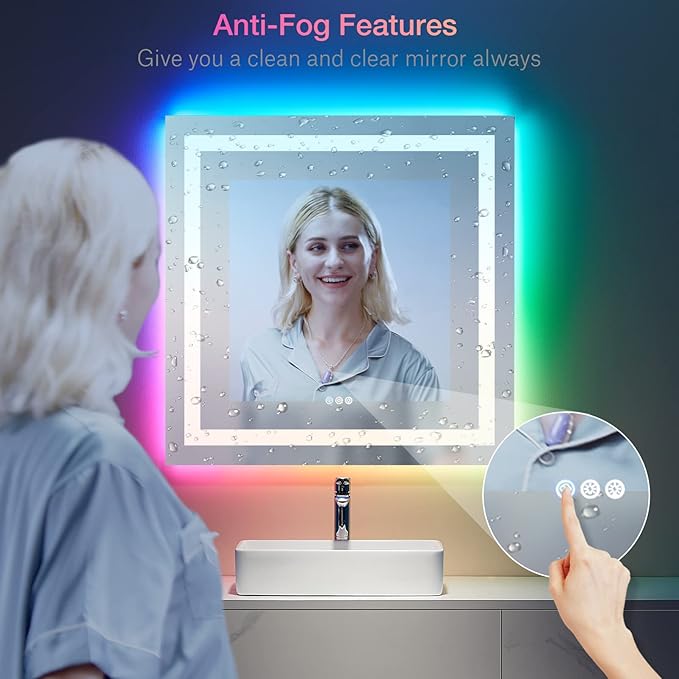 LOAAO 38"X38" LED Bathroom Mirror with Lights, Anti-Fog, Dimmable, RGB Backlit + Front Lighted, Bathroom Vanity Mirror for Wall, Memory Function, Waterproof, Tempered Glass