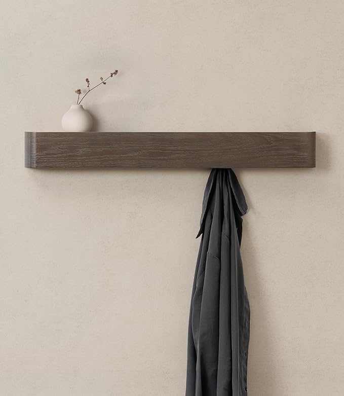 Kazai. Wall-Mounted Coat Rack 'Toke' - Modern Design Coat Rack with Hidden Wall Hooks - Solid Wood Veneer Panel Coat Hanger - Oak, Dark