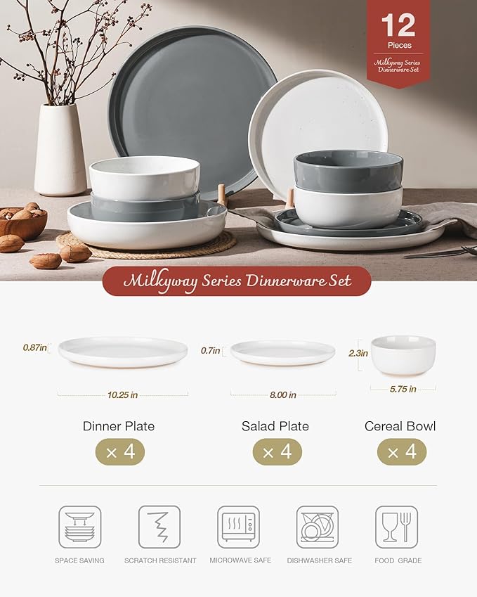 Famiware Milkyway Plates and Bowls Sets, 12 Pieces Stoneware Dinnerware Sets, Dishes Set for 4, White & Dark Gray