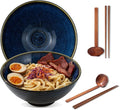 8 Inch Ceramic Ramen Bowl Set of 2, 40oz Japanese Bowls with Spoons & Chopsticks,Durable,Microwave & Dishwasher Safe,Perfect for Ramen,Pho,Salad,Soup,Noodles，Mixing bowls（Blue Topaz）