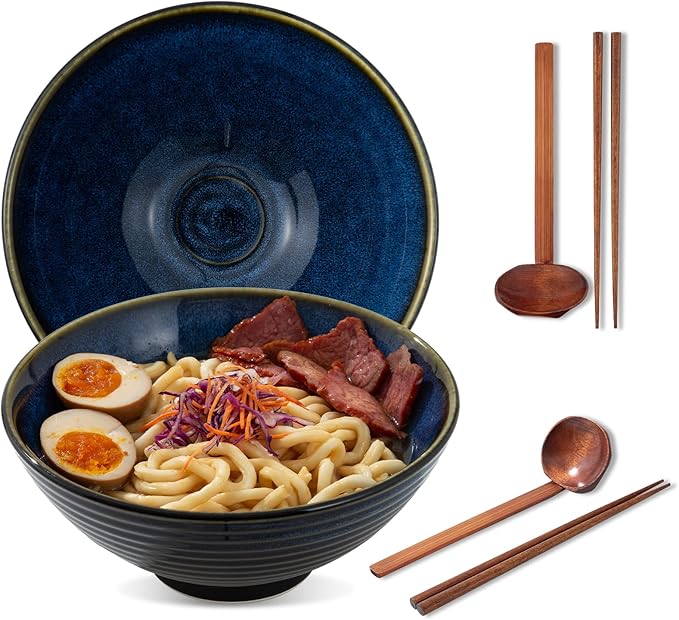 8 Inch Ceramic Ramen Bowl Set of 2, 40oz Japanese Bowls with Spoons & Chopsticks,Durable,Microwave & Dishwasher Safe,Perfect for Ramen,Pho,Salad,Soup,Noodles，Mixing bowls（Blue Topaz）