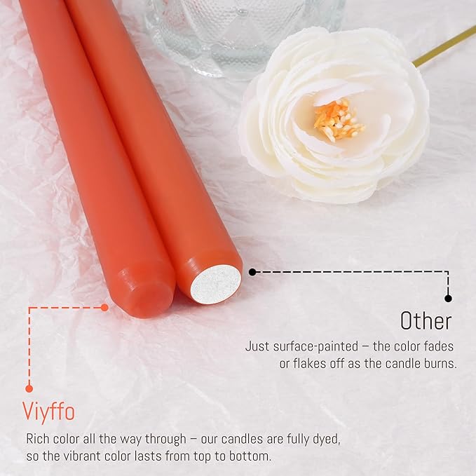 Viyffo 10 Inch Taper Candles-12 Pack Orange, Unscented, Dripless, Smokeless– 8 Hour Burn – Long Tall Tapered Candlesticks for Wedding, Dinner, Holiday, Party, Home Decor Natural Color Series