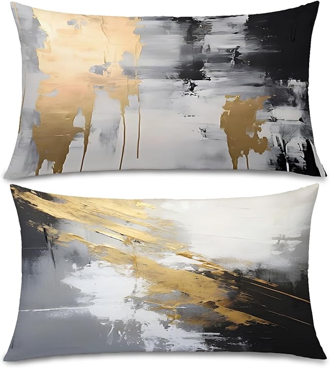 Black and Gold Pillow Covers 12x20 Set of 2, Abstract White Modern Covers for Couch Bed Living Room