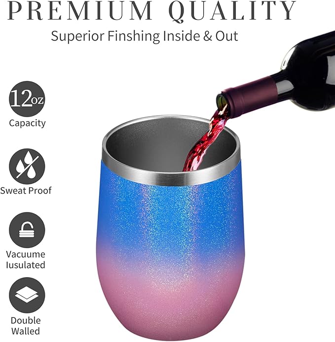 MEWAY 12oz/12 Pack Wine Tumbler Glasses with Lid - Stemless Double Wall Vacuum Stainless Steel Glitter Tumbler - Keeping Cold & Hot Cup for Coffee,for Women(Gradient Pink,Set of 12)