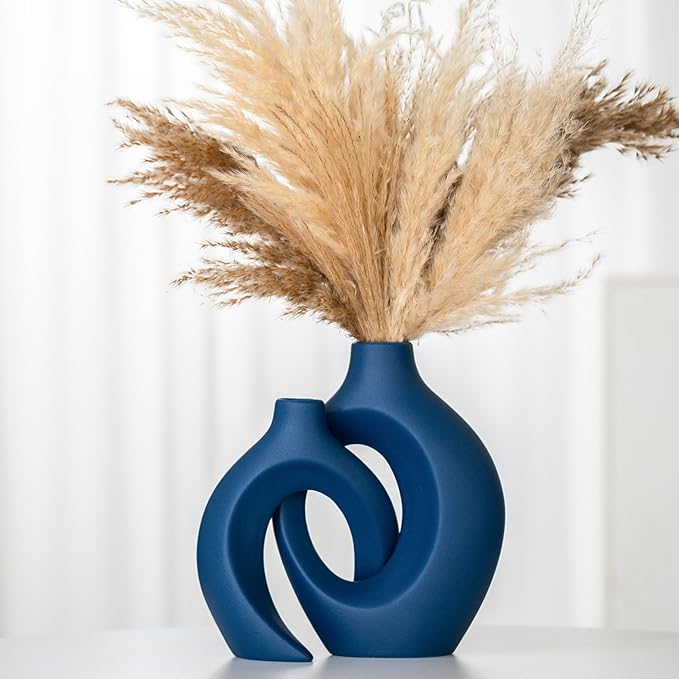 Snuggle Hollow Ceramic Vase Set of 2, Nordic Modern Boho ins Style Ceramic Aesthetic Flower Vases for Home Decor Living Room Coffee Table Decorative (Matte Navy Blue W 6.3" X H 8.4")