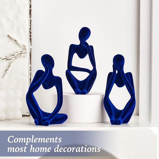 FJS Living Room Decor: Flocked Thinker Statue, 4.7" H Navy Blue Abstract Art Sculpture - Set of 3 for Home, Office, Shelf, Table Decoration