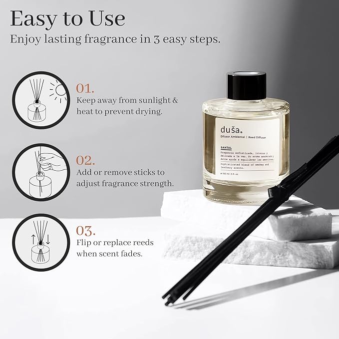 Duša Santal Reed Diffuser & Sticks - 5 Fl Oz Essential Home Fragrance Decor for Bathroom, Office & Living Spaces – Stylish & Long-Lasting Room Air Freshener -Ideal for Housewarming & Special Occasions