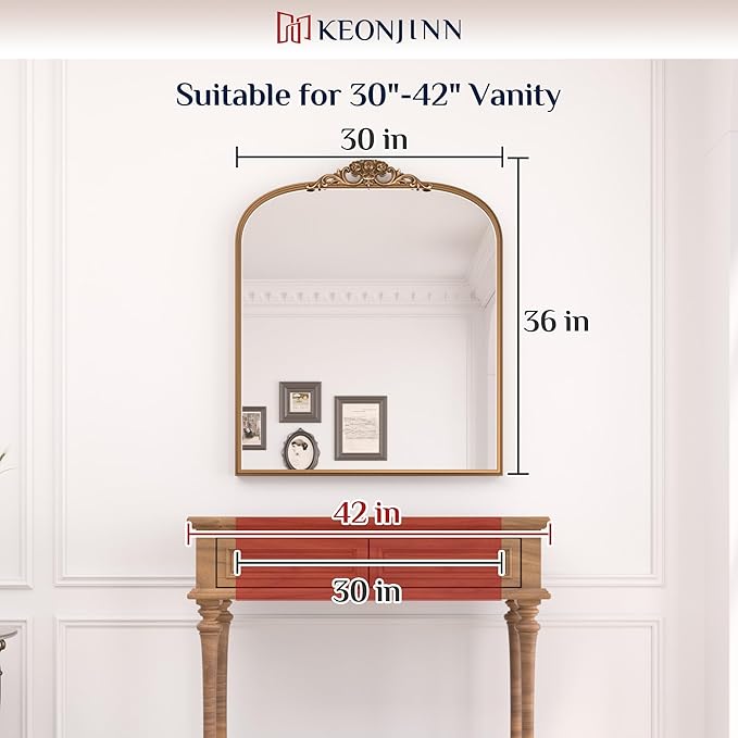 Keonjinn Gold Vintage Mirror 30" x 36", Antique Brass Mirrors for Wall Decor, Arched Decorative Mirror for Mantle, Hallway, Living Room, Fireplace, Bedroom, Bathroom Mirror with French Cleat Mounting