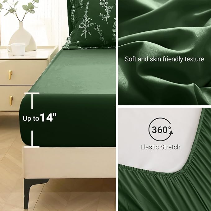 MUXHOMO Dark Green Full Comforter Set, Elegant Floral Print Bed in a Bag 7 Pieces, Ultra Soft & Breathable Reversible Botanical Pattern Bedding Set with Comforter, Sheets, Pillowcases, and Shams