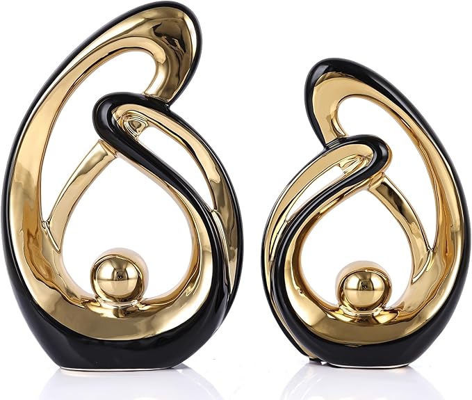 Abstract Ceramic Statue Set of 2, Black and Gold Home Decor, Modern Art Living Room Decor, Room Accessories tv cabinets Bookshelves dividers Dining Table centerpieces, Foyer Entry Decor.