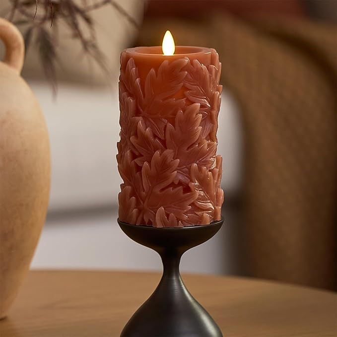Luminara Embossed Leaves Flameless Pillar Caramel Café, Moving Flame LED Candle Real Wax Unscented Battery Operated (3.5" x 6.5")