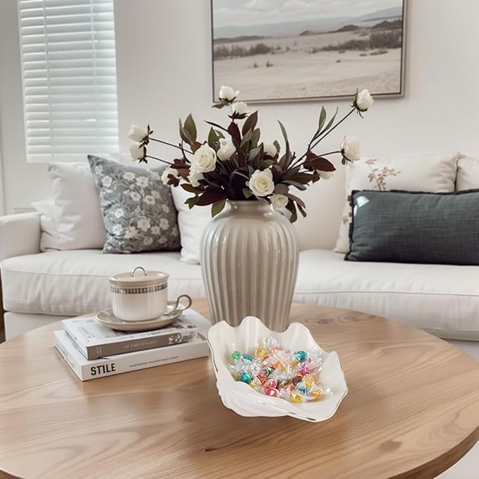 White Shell Decorative Bowl – 7.9" Resin Clam Shell with Gold Rim, Coastal Centerpiece for Bathroom Vanity, Entryway, or Living Room, Jewelry Holder, Key Tray, Fruit Bowl, Beach House Decor