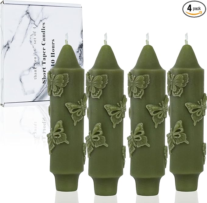 Olive Taper Candle Short CandleSticks Dripless Mini Tapered Candles for Christmas Home Decor 6 inch Set of 4,Olive,Butterfly