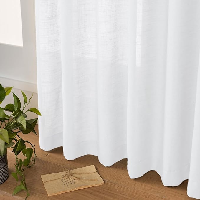White Sheer Curtains 90 Inches Long, Cotton Linen Textured Light Filtering Drapes, Privacy Living Room Bedroom Window Decor, Rustic Semi-Transparent Pinch Pleat Curtain with Hooks