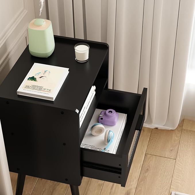 SOOWERY Mid Century Modern Nightstand, Side Table with Storage, Bedside Tables with Acrylic Drawer, End Table with Solid Wood Legs for Bedroom, Living Room and Small Spaces, Black