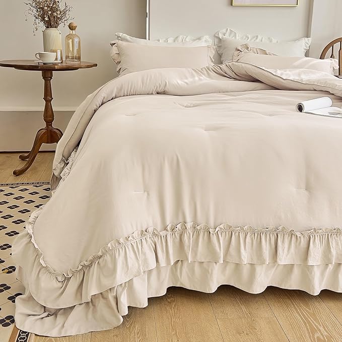 AIKASY Camel Ruffle Comforter Queen, 3 Pieces Vintage Ruffle Fringe Comforter, Farmhouse Rustic Microfiber Down Alternative Bedding Comforter Set (1 Comforter + 2 Pillow Shams)